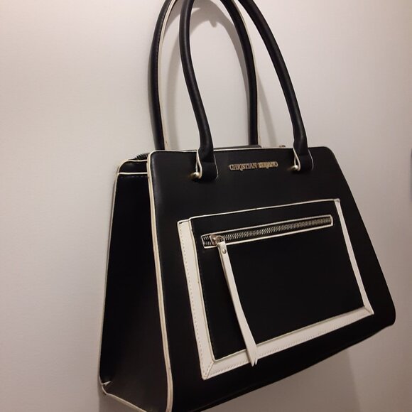 NWOT Christian Siriano Structured Vegan Leather Handbag Black/Light Beige Trim - Picture 1 of 5